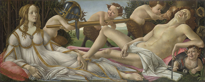 Sandro Botticelli, about 1445 - 1510 Venus and Mars about 1485 Tempera and oil on poplar, 69.2 x 173.4 cm Bought, 1874 NG915 https://www.nationalgallery.org.uk/paintings/NG915